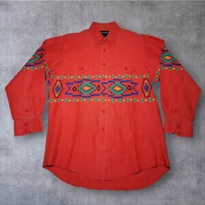 Vintage Wrangler Western Shirt Mens 16 X 33 Red Brushpopper Aztec 90s USA Made